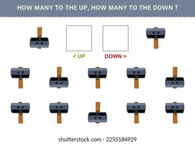 Education game for children counting how many up and down picture of cute cartoon hammer printable tool worksheet