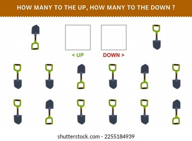 Education game for children counting how many up and down picture of cute cartoon shovel printable tool worksheet