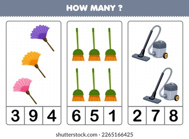Education game for children counting how many cute cartoon duster broom vacuum cleaner picture printable tool worksheet