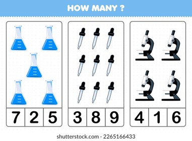 Education game for children counting how many cute cartoon beaker dropper microscope picture printable tool worksheet