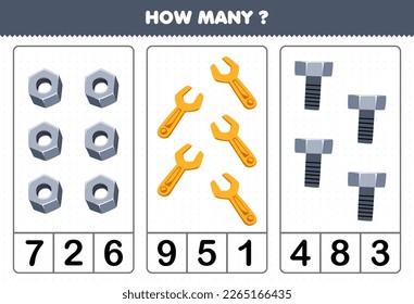 Juego de educación para los niños que cuentan cuántas herramientas de herramienta imprimibles con llave de tuerca de dibujos animados lindas