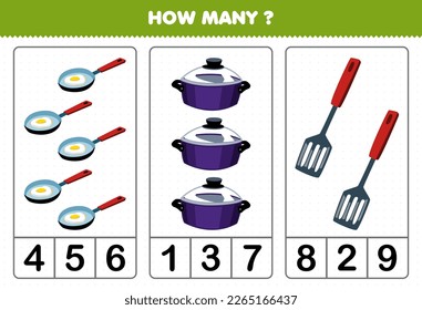 Education game for children counting how many cute cartoon frying pan pot spatula picture printable tool worksheet
