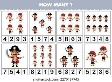 Education game for children counting how many cute cartoon character in each table printable pirate worksheet