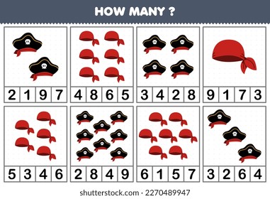 Education game for children counting how many cute cartoon hat and bandana in each table printable pirate worksheet