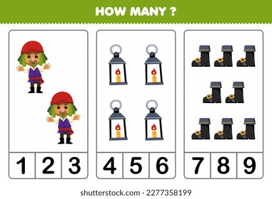 Education game for children counting how many cute cartoon man lantern and boot printable pirate worksheet