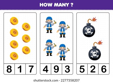 Juego de educación para niños que cuentan cuántas lindas monedas de dibujos animados hacen el hombre mayor y una hoja de cálculo pirata imprimible para bombas