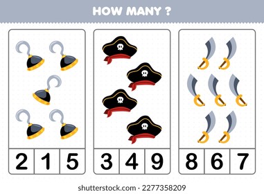 Education game for children counting how many cute cartoon hook hat and sword printable pirate worksheet
