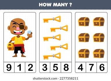 Education game for children counting how many cute cartoon bald man key and chest printable pirate worksheet