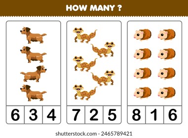Education game for children counting how many cute brown animal printable pet worksheet