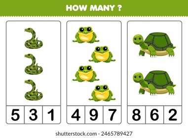Education game for children counting how many cute green animal printable pet worksheet