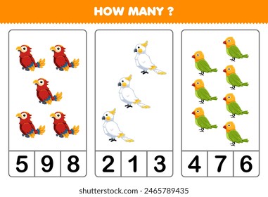 Juego de Educación para niños contando cuántas hojas de trabajo de mascota imprimible lindo pájaro