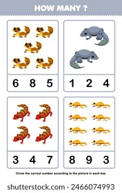 Education game for children counting how many cute cartoon gecko in each box pet worksheet