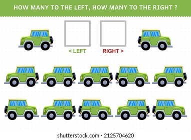 Erziehungsspiel für Kinder, die links und rechts mit süßem Cartoon-Jeep-Auto zählen