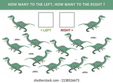 Education game for children of counting left and right picture with cute cartoon prehistoric dinosaur velociraptor