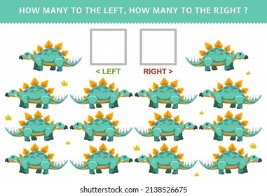 Education game for children of counting left and right picture with cute cartoon prehistoric dinosaur stegosaurus
