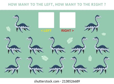 Education game for children of counting left and right picture with cute cartoon prehistoric dinosaur plesiosaur