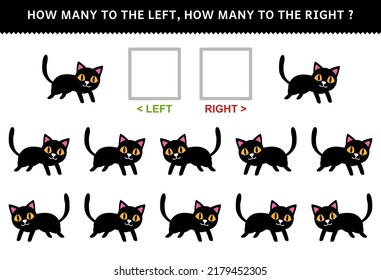 Education game for children of counting left and right picture of cute cartoon black cat halloween printable worksheet