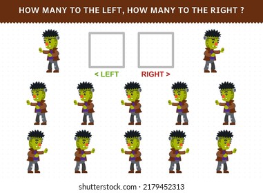 Education game for children of counting left and right picture of cute cartoon frankenstein costume halloween printable worksheet