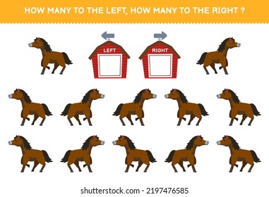 Education game for children of counting left and right picture of cute cartoon horse printable farm worksheet