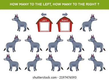 Juego de educación para los niños de contar la imagen de izquierda y derecha de la tierna caricatura burro hoja de trabajo de granja imprimible