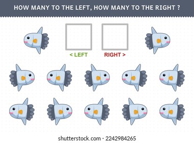 Education game for children of counting left and right picture of cute cartoon sunfish printable underwater worksheet