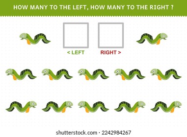 Education game for children of counting left and right picture of cute cartoon eel printable underwater worksheet