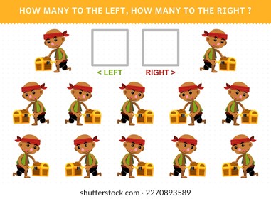 Education game for children of counting left and right picture of cute cartoon bald man trying to open treasure chest printable pirate worksheet