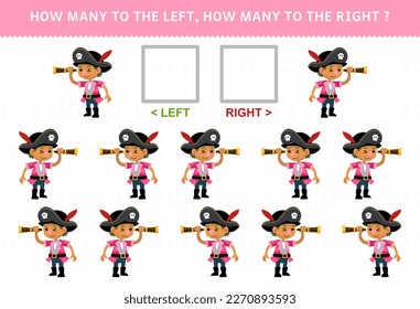 Education game for children of counting left and right picture of cute cartoon boy holding spyglass printable pirate worksheet