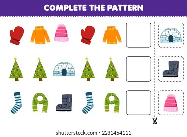 Education game for children cut and complete the pattern of each row from a cute cartoon mitten sweater beanie christmas tree igloo sock scarf boot worksheet