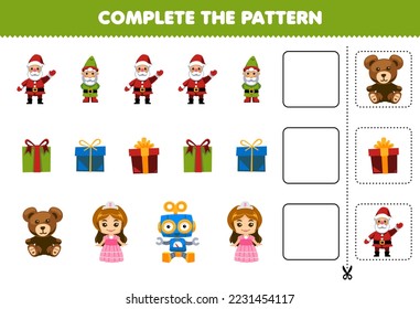 Education game for children cut and complete the pattern of each row from a cute cartoon santa gnome gift box teddy bear doll robot worksheet