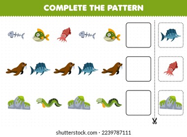 Education game for children cut and complete the pattern of each row from a cute cartoon fish bone piranha cuttlefish walrus eel worksheet