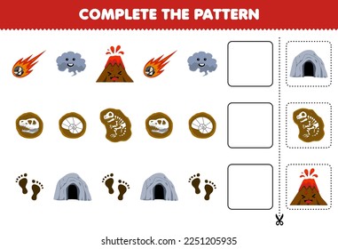 Education game for children cut and complete the pattern of each row from a cute cartoon meteor smoke volcano fossil footprint cave worksheet