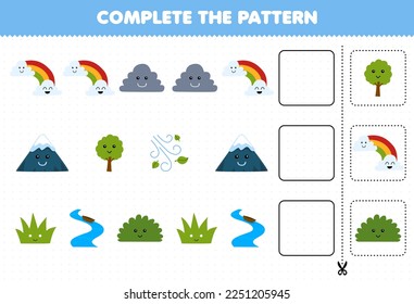 Education game for children cut and complete the pattern of each row from a cute cartoon rainbow cloud mountain tree grass river bush worksheet