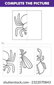 Education game for children cut and complete the picture of cute cartoon spider half outline for coloring printable bug worksheet