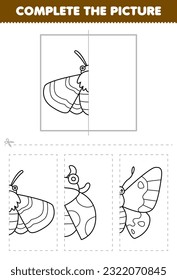 Education game for children cut and complete the picture of cute cartoon moth half outline for coloring printable bug worksheet