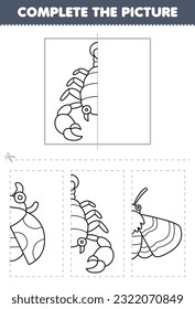 Education game for children cut and complete the picture of cute cartoon scorpion half outline for coloring printable bug worksheet