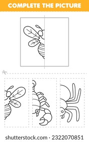 Education game for children cut and complete the picture of cute cartoon bee half outline for coloring printable bug worksheet