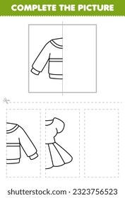 Education game for children cut and complete the picture of cute cartoon sweater half outline for coloring printable wearable clothes worksheet