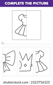 Juego de educación para niños cortar y completar la imagen de adorable vestido de dibujos animados medio contorno para colorear la hoja de cálculo de ropa imprimible