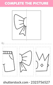 Education game for children cut and complete the picture of cute cartoon ribbon half outline for coloring printable wearable clothes worksheet