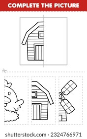 Juego de educación para niños cortar y completar la imagen de la mitad del contorno de un bonito granero de dibujos animados para colorear la hoja de cálculo de la granja imprimible