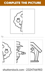 Erziehungsspiel für Kinder, das das Bild der süßen Cartoon-Fruchtbaum-Halbumriss für die Färbung der druckbaren Arbeitsblatt-Tabelle der Farm schneidet und vervollständigt