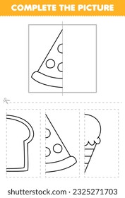 Education game for children cut and complete the picture of cute cartoon pizza slice half outline for coloring printable food worksheet