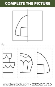 Education game for children cut and complete the picture of cute cartoon rice ball onigiri half outline for coloring printable food worksheet