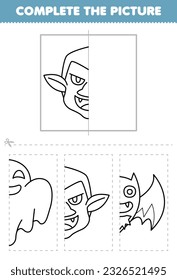 Education game for children cut and complete the picture of cute cartoon dracula head half outline for coloring printable halloween worksheet