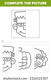 Education game for children cut and complete the picture of cute cartoon frankenstein head half outline for coloring printable halloween worksheet