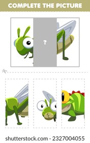 Education game for children cut and complete the correct picture of cute cartoon grasshopper printable animal worksheet