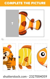 Education game for children cut and complete the correct picture of cute cartoon fish printable animal worksheet