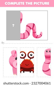 Education game for children cut and complete the correct picture of cute cartoon worm printable animal worksheet