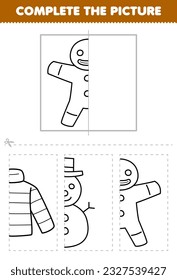Education game for children cut and complete the picture of cute cartoon gingerbread half outline for coloring printable winter worksheet